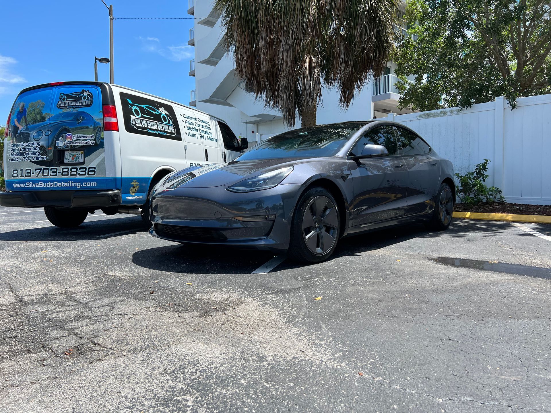A tesla model 3 is parked next to a van in a parking lot.