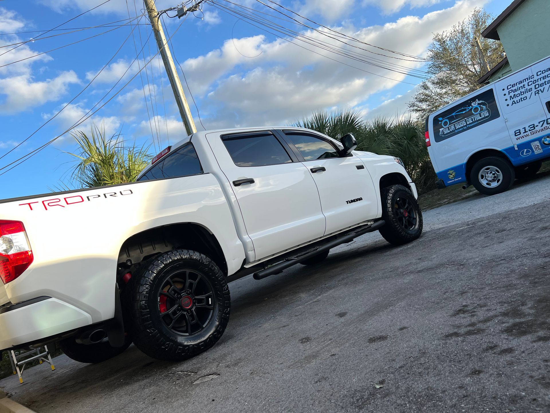A white truck is parked on the side of the road next to a blue van.
