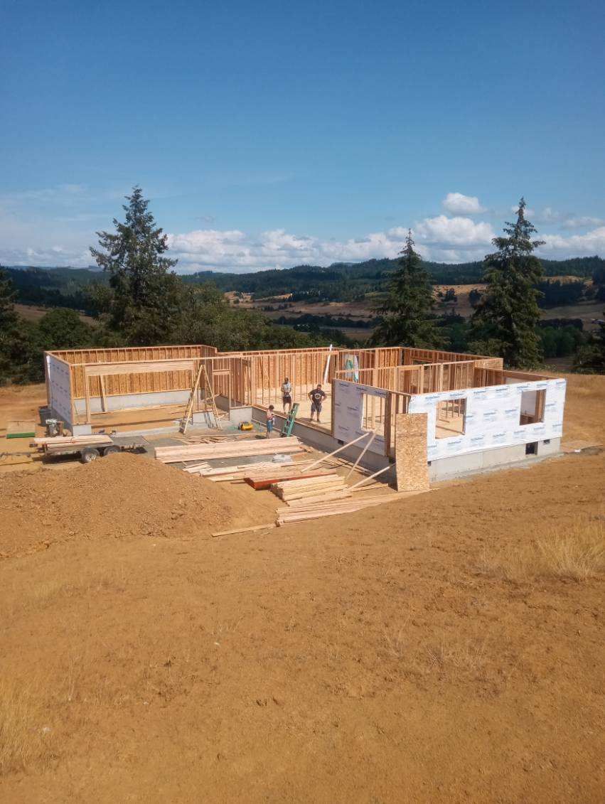 Construction of a house frame on a sunny, brown hillside. Workers are visible; blue sky and green trees in background.