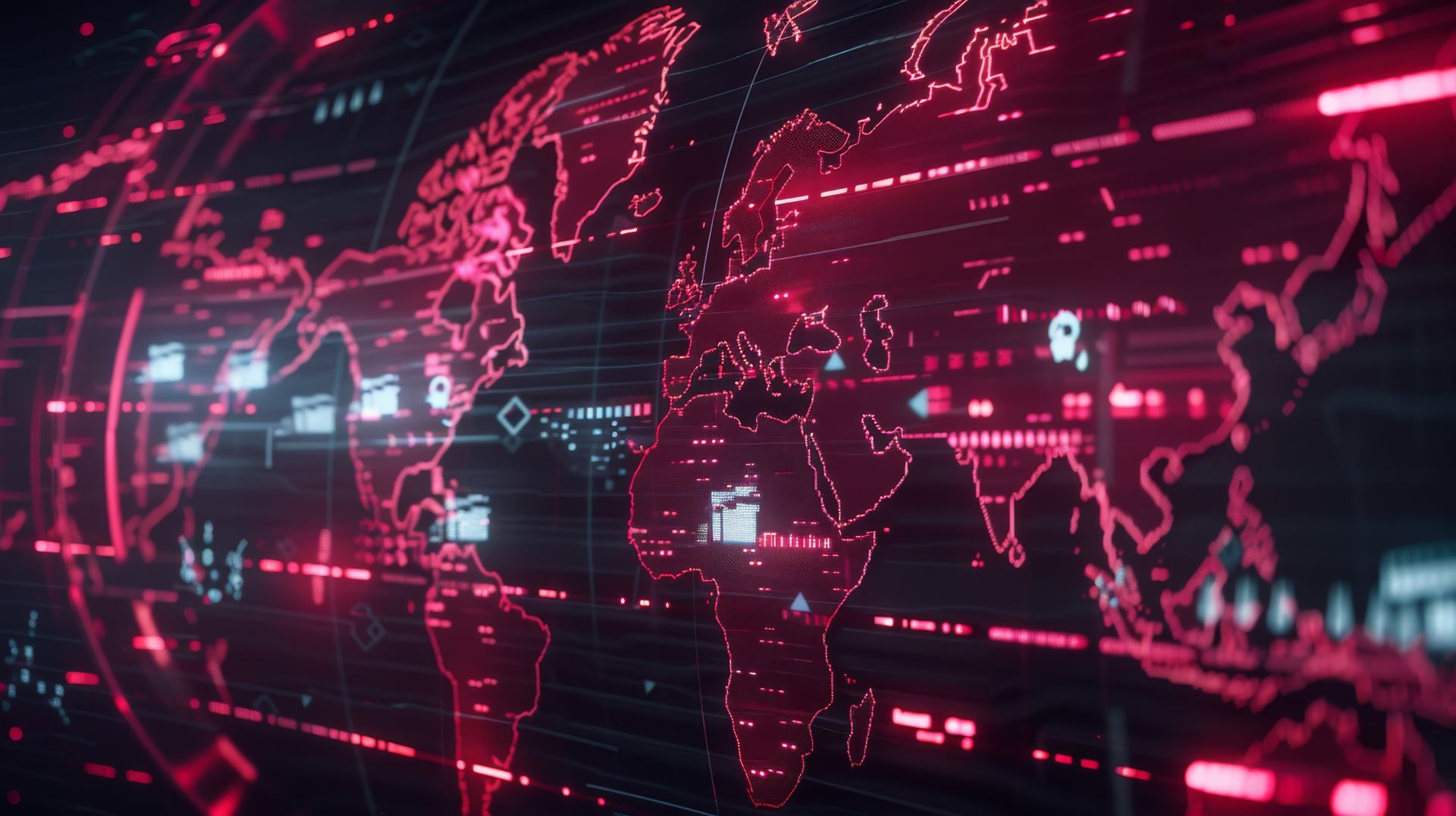 Red digital world map with data points and lines.