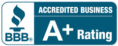A blue sign that says accredited business a + rating