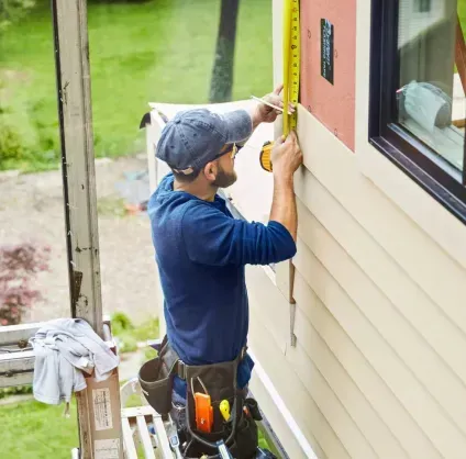 A man is measuring the side of a house with a tape measure.