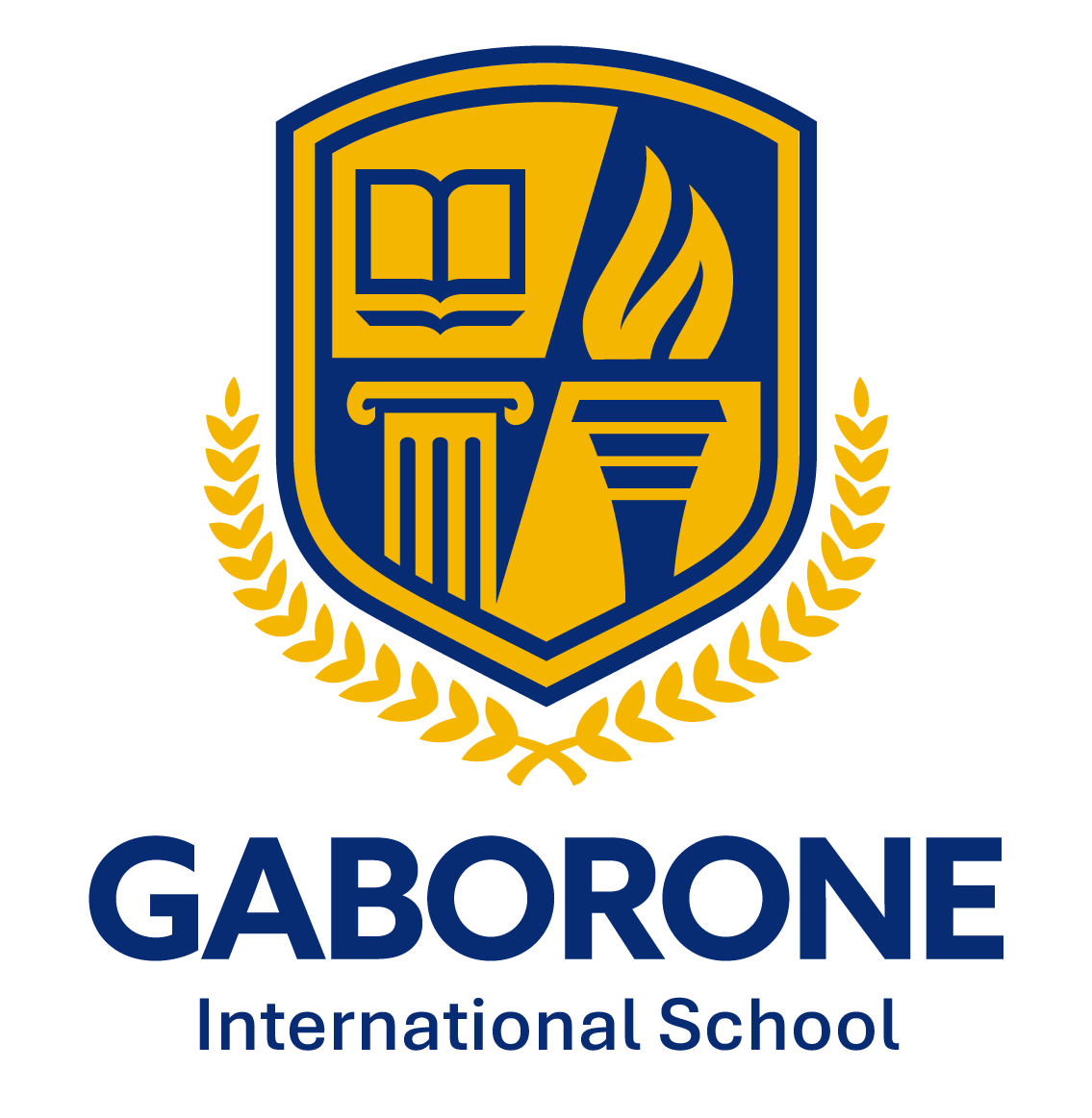 A logo for gaborone international school with a shield and waves