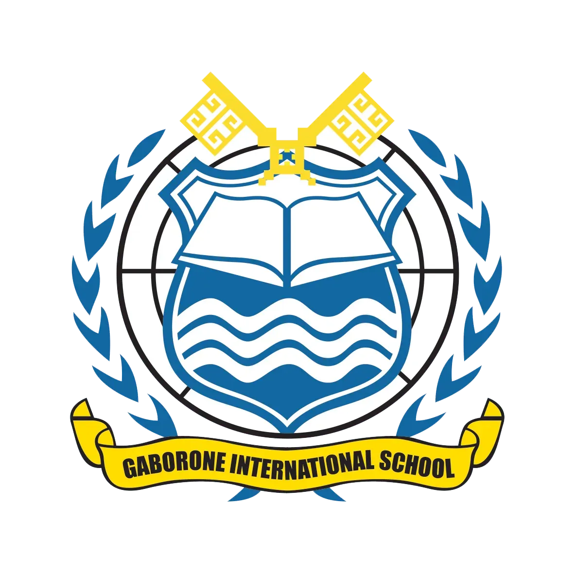 A logo for gaborone international school with a shield and waves