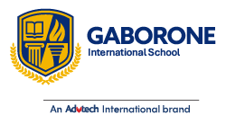A logo for gaborone international school with a shield and waves