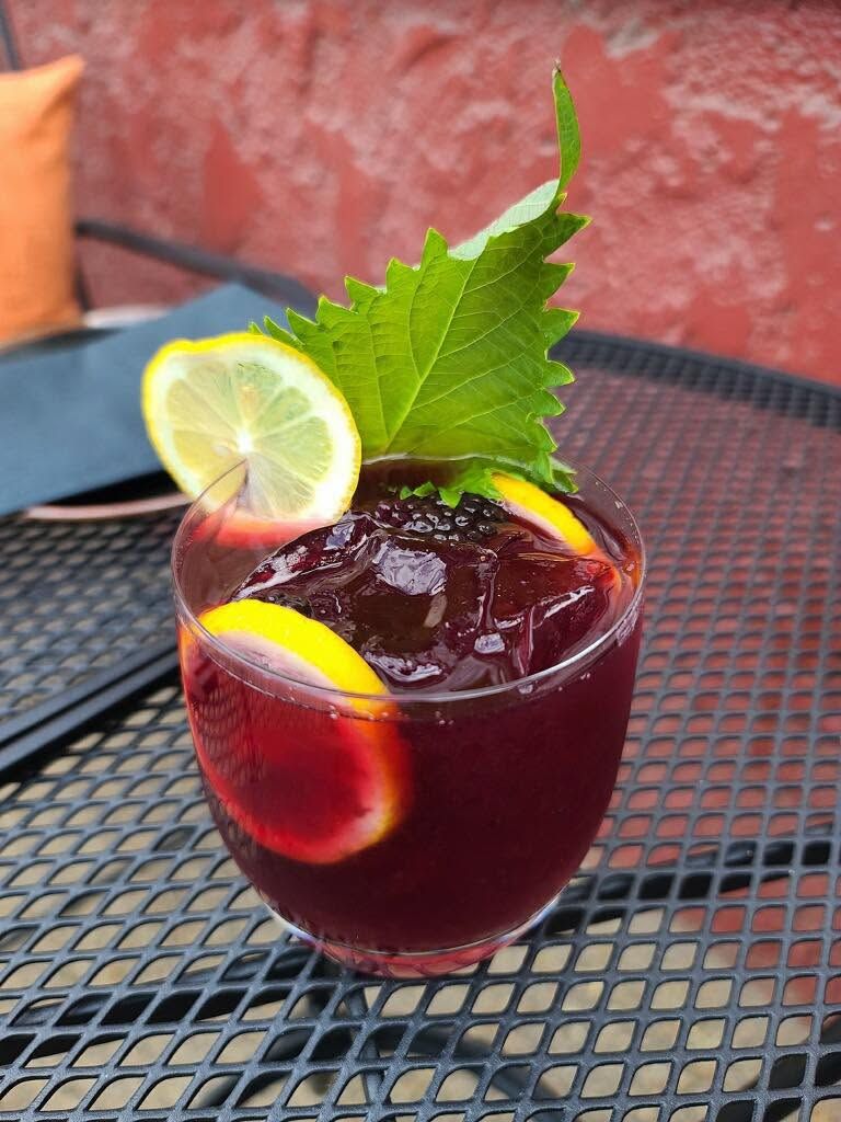 Red cocktail in a glass with lemon garnish and mint on an outdoor table