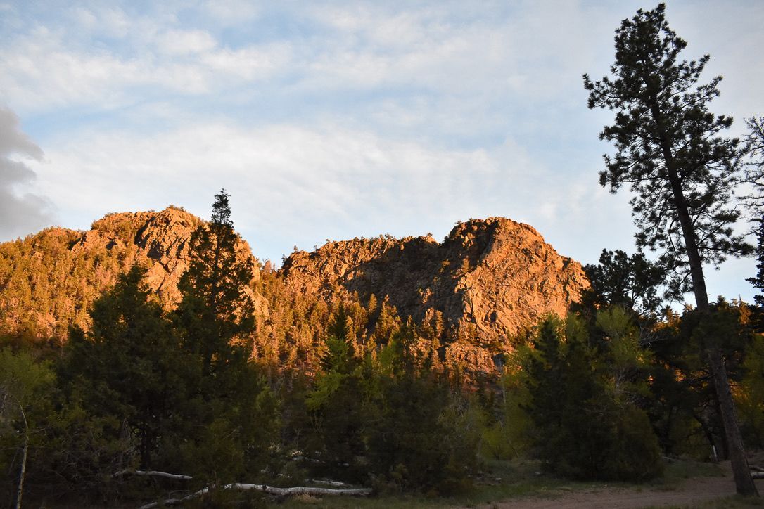 Mountain range illuminated by golden light, trees in the foreground, blue and white sky.