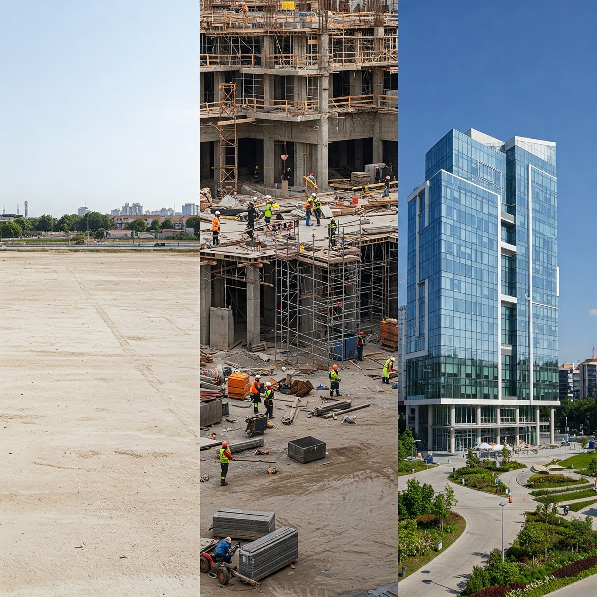 Progression of a building: empty land, under construction, completed modern glass tower.