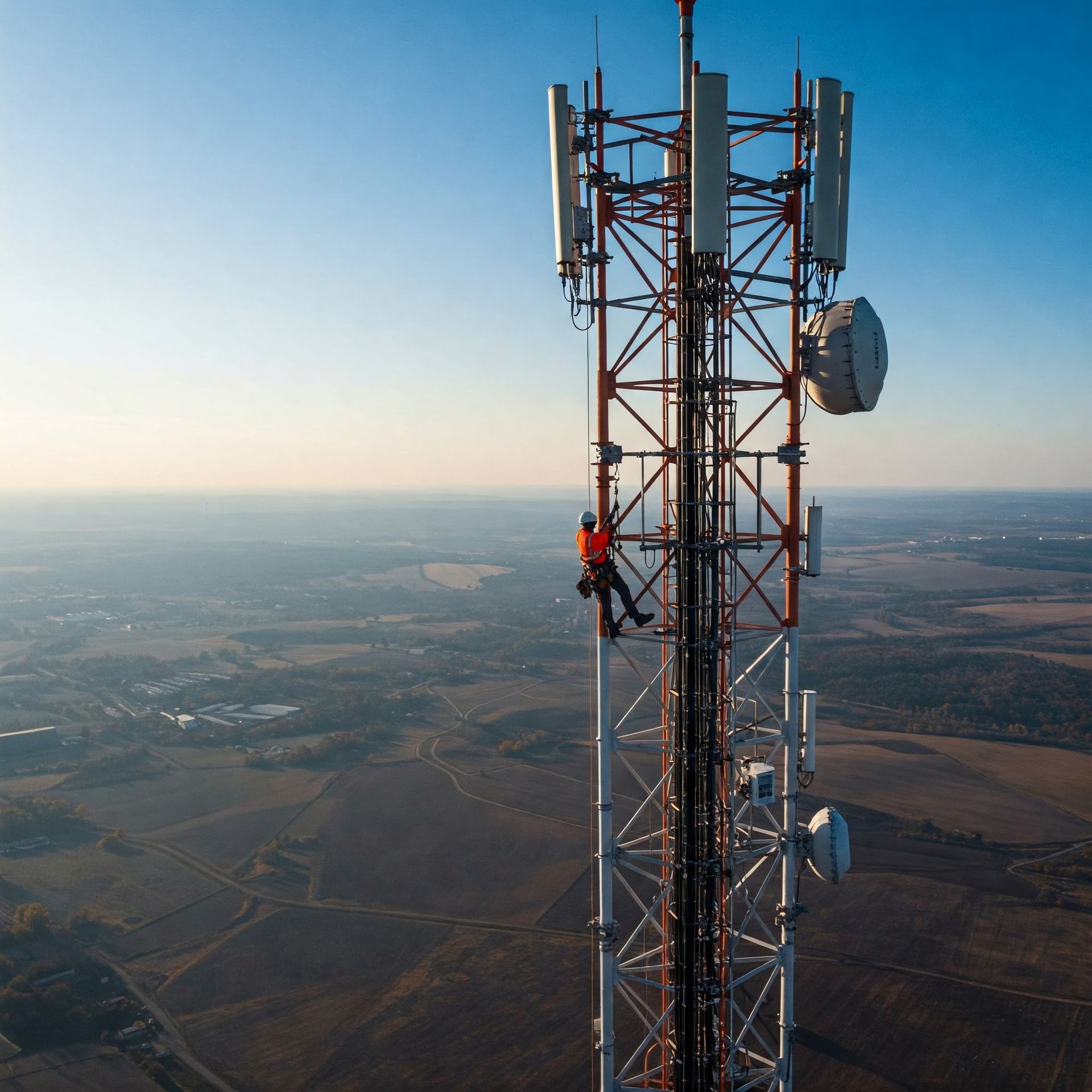 Worker on a tall telecommunications tower with antennas, above a rural landscape.