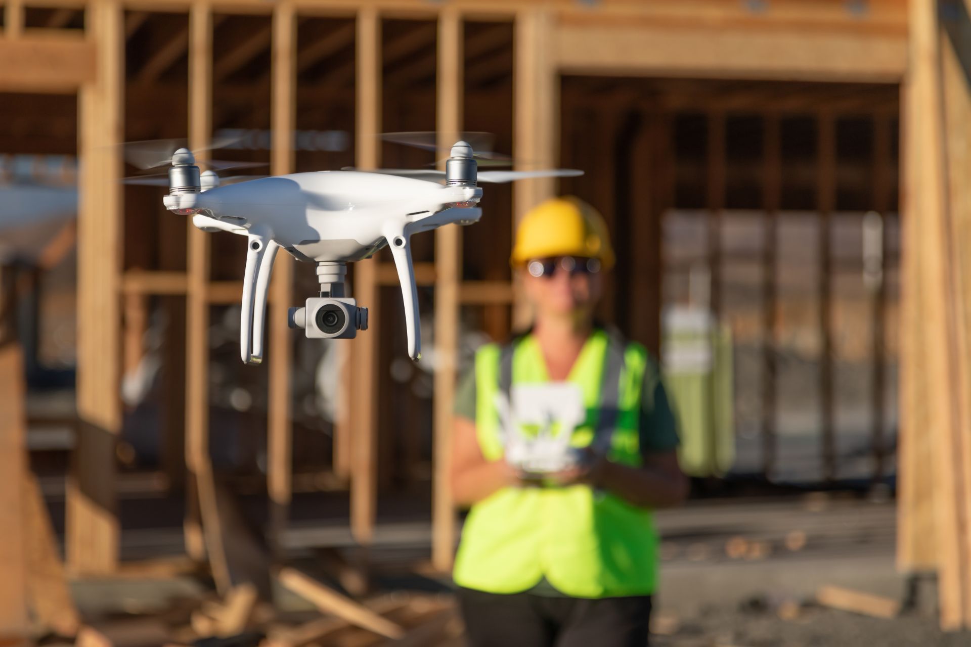 A construction worker is flying a drone over a construction site.