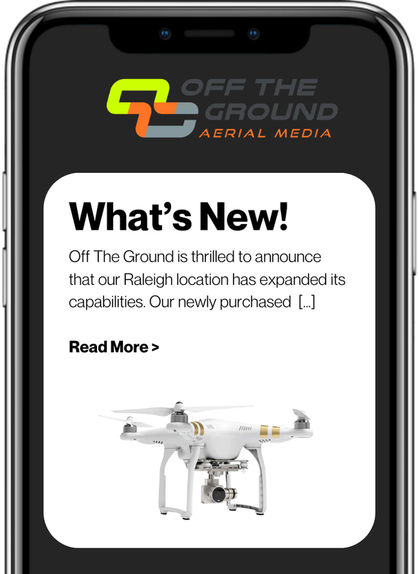 A cell phone displaying an advertisement for off the ground aerial media.