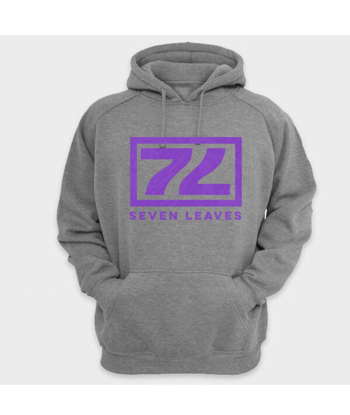 A grey hoodie with a purple square with the number 72 on it