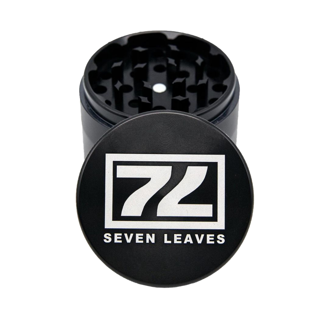 A black grinder with the seven leaves logo on it