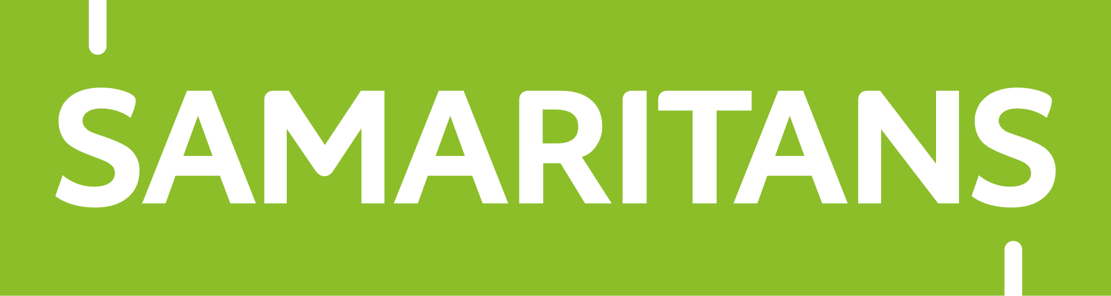 SAMARITANS text in white on a green rectangle with downward-pointing arrows.