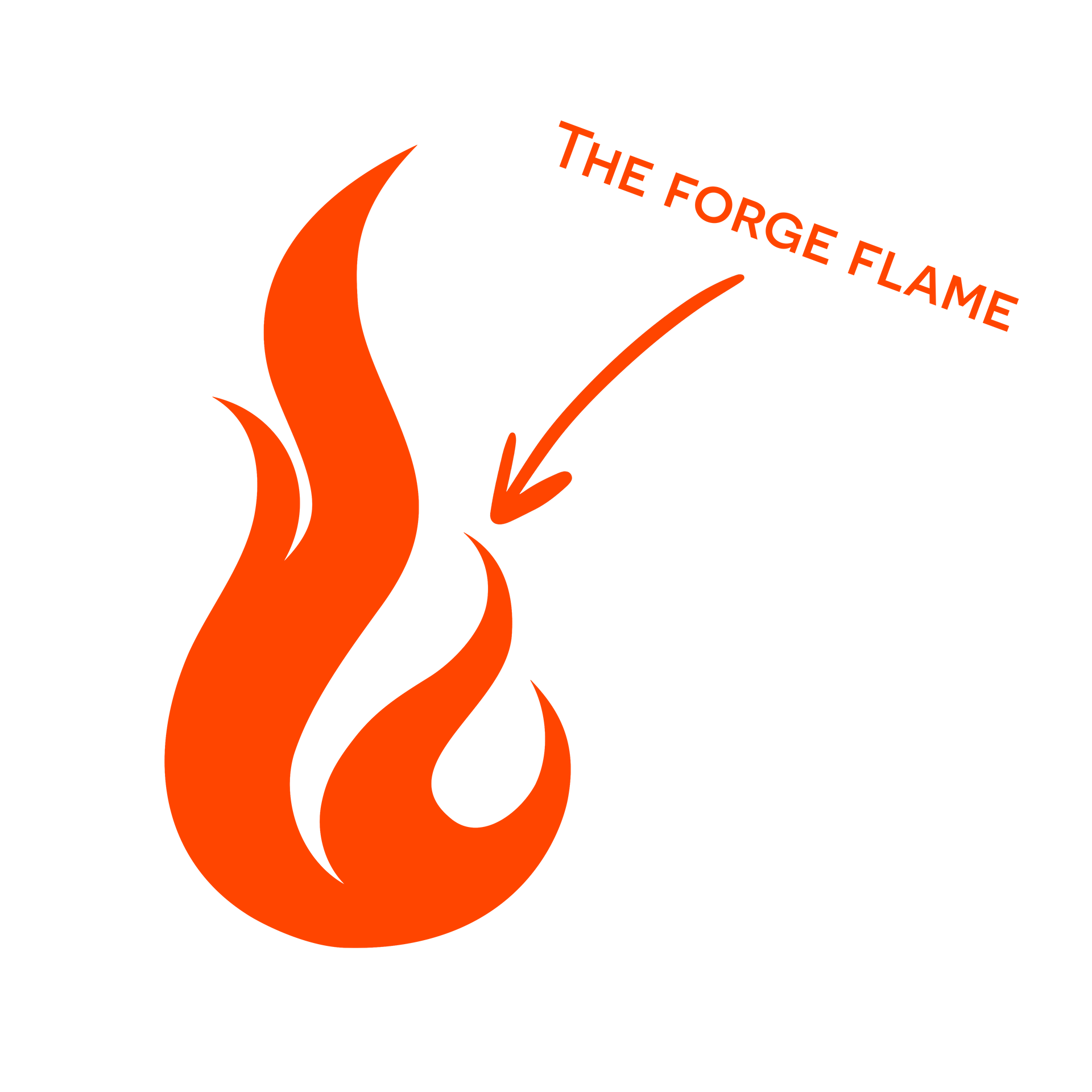 Orange flame logo with an arrow pointing to it, text: 