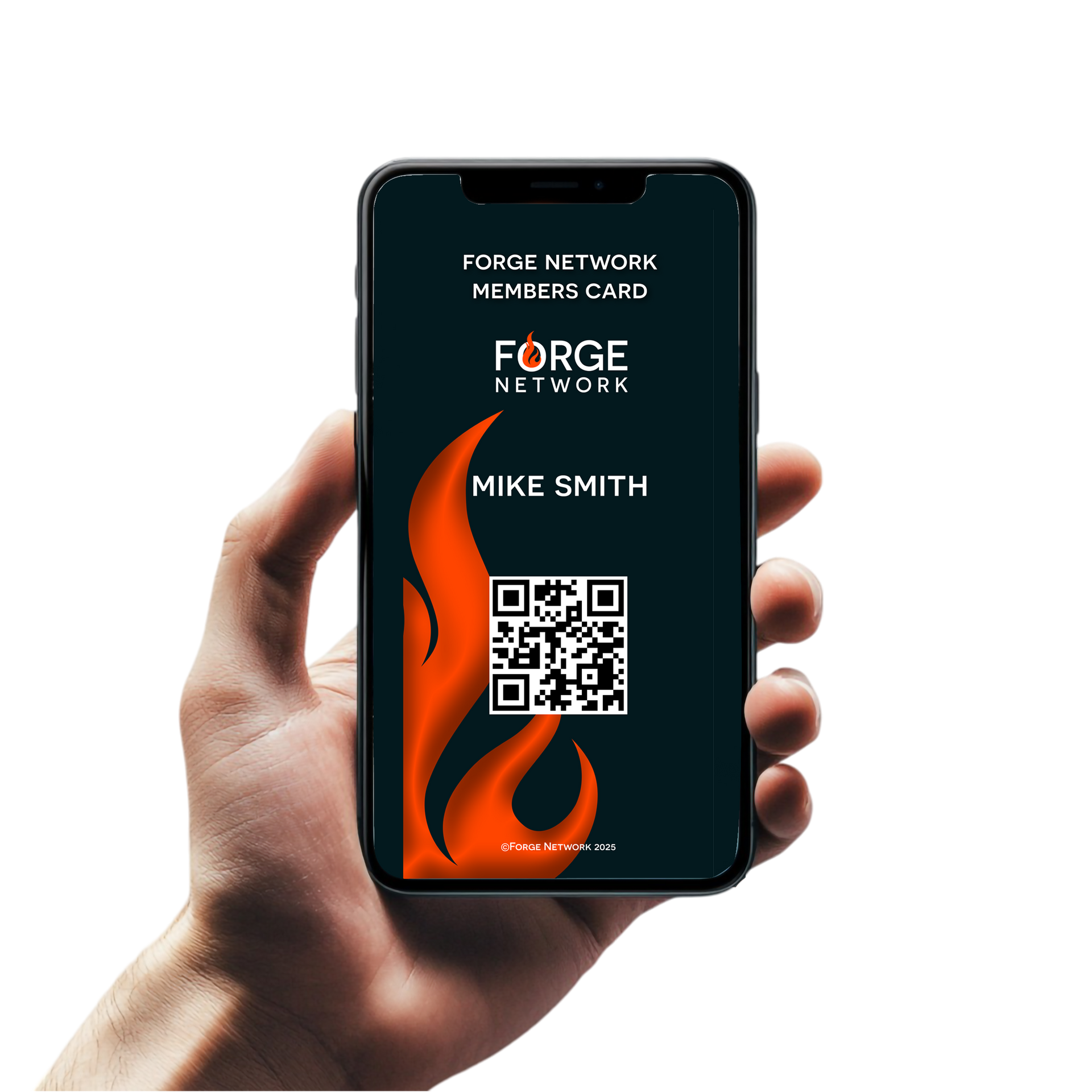 Hand holding phone displaying a Forge Network member card with a QR code and flame graphic.