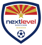 A logo for nextlevel soccer with a soccer ball on it