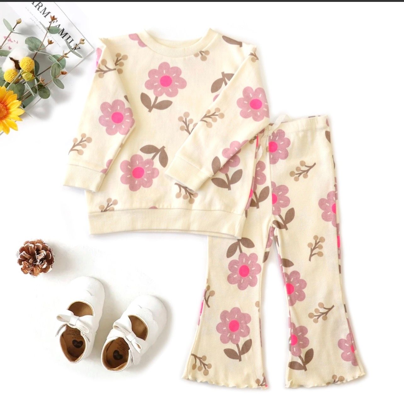 Pink flower Ribbed set