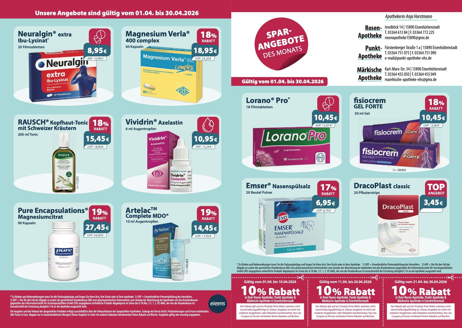 Werbung für eine Apotheke mit Arzneimitteln. Roter und weißer Hintergrund mit Produktfotos und Preisschildern.