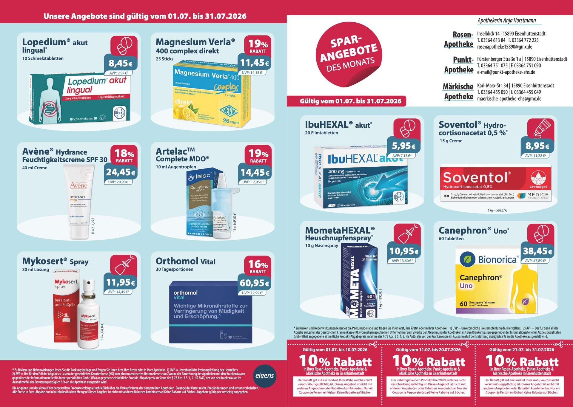 Werbung für eine Apotheke mit Arzneimitteln. Roter und weißer Hintergrund mit Produktfotos und Preisschildern.