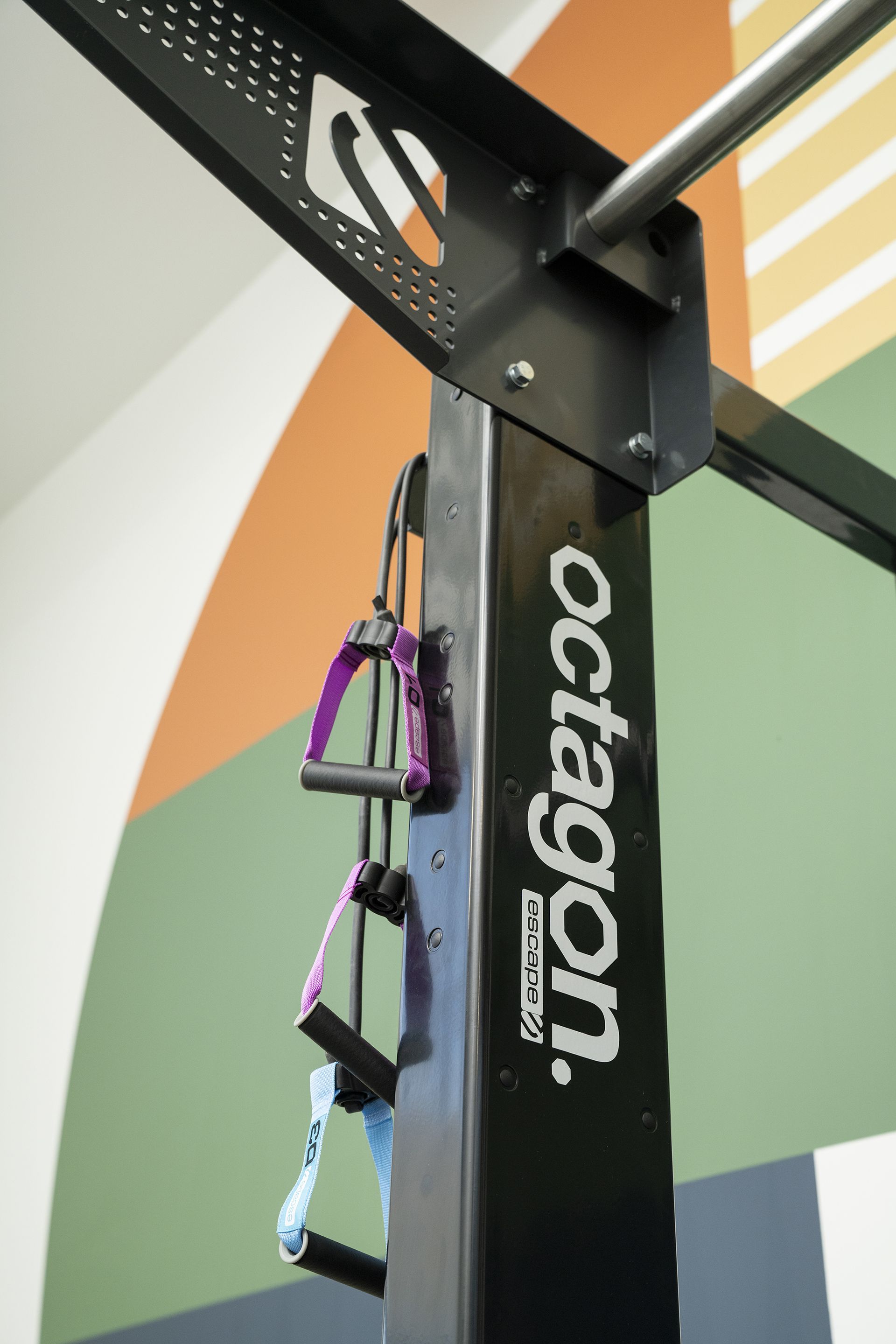 A black octagon exercise machine with purple handles