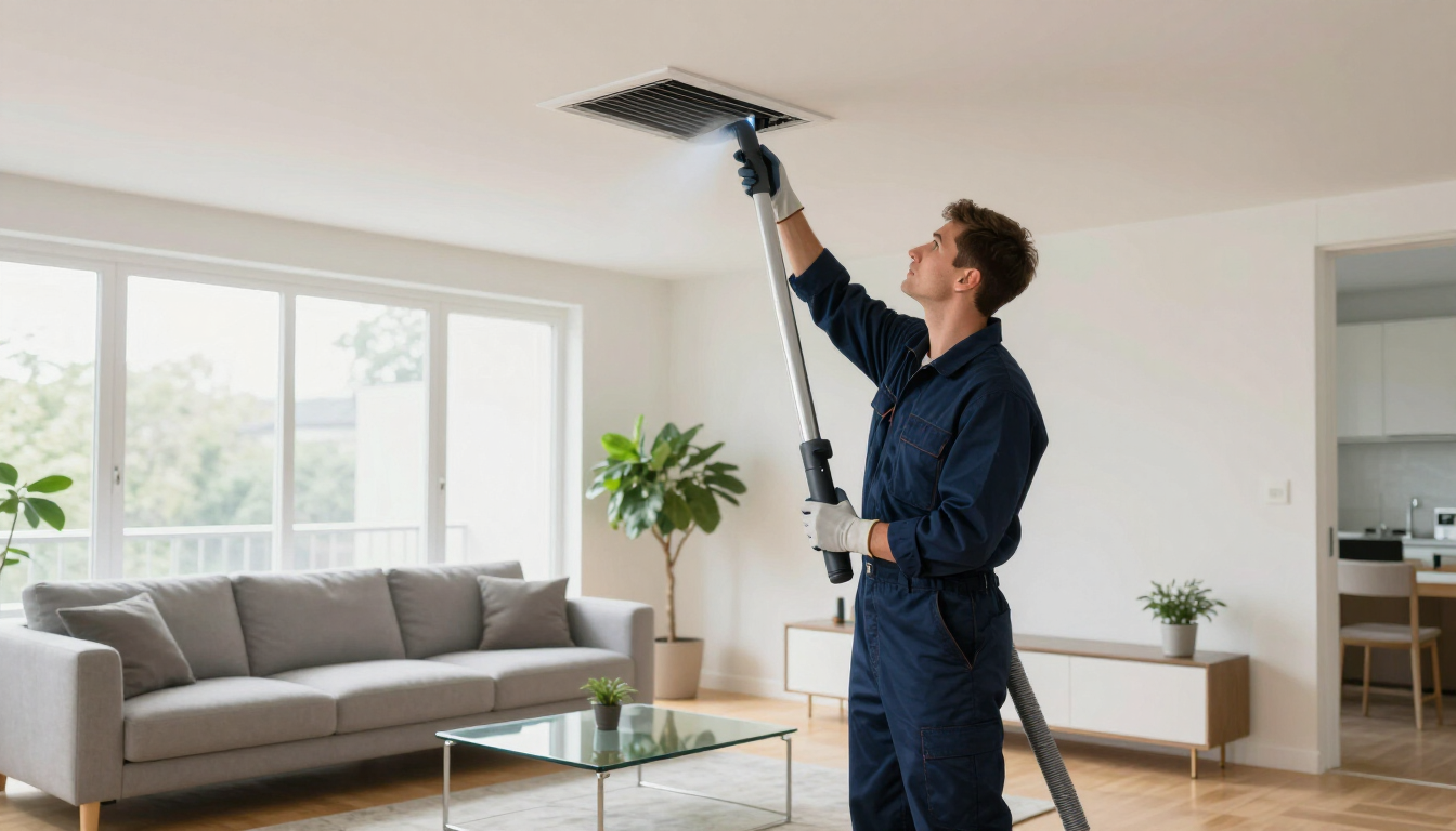 Technician performing air duct cleaning service in Greenville SC home