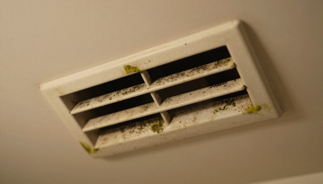 Musty air duct vent in a home with visible dust.