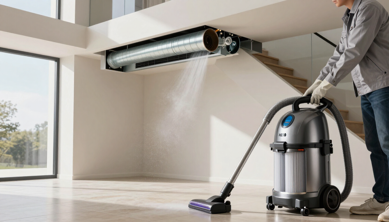 Professional air duct cleaning equipment including industrial HEPA vacuum and air whips.