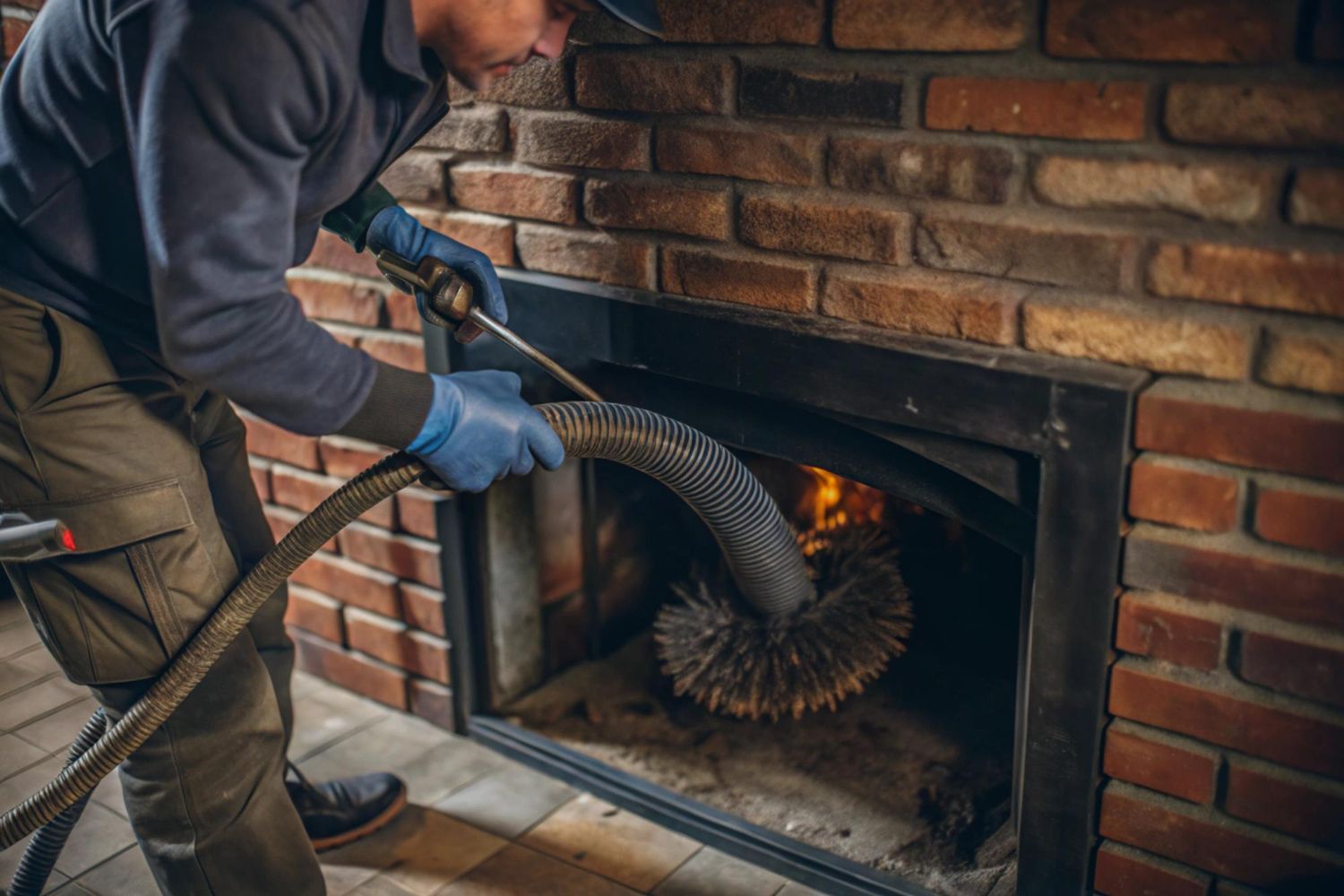 A professional cleaning a fireplace flue with a brush tool and vacuum hose in a room with a brick wall.