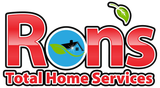 Logo for Ron's Total Home Services featuring red text, a house icon in a blue circle, and a green leaf graphic.