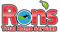 Logo for Ron's Total Home Services featuring red text, a house icon in a blue circle, and a green leaf graphic.