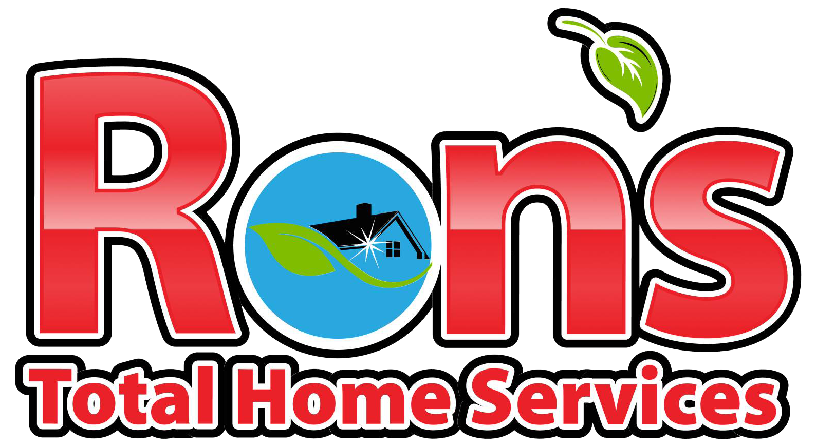 Logo for Ron's Total Home Services featuring red text, a house icon in a blue circle, and a green leaf graphic.