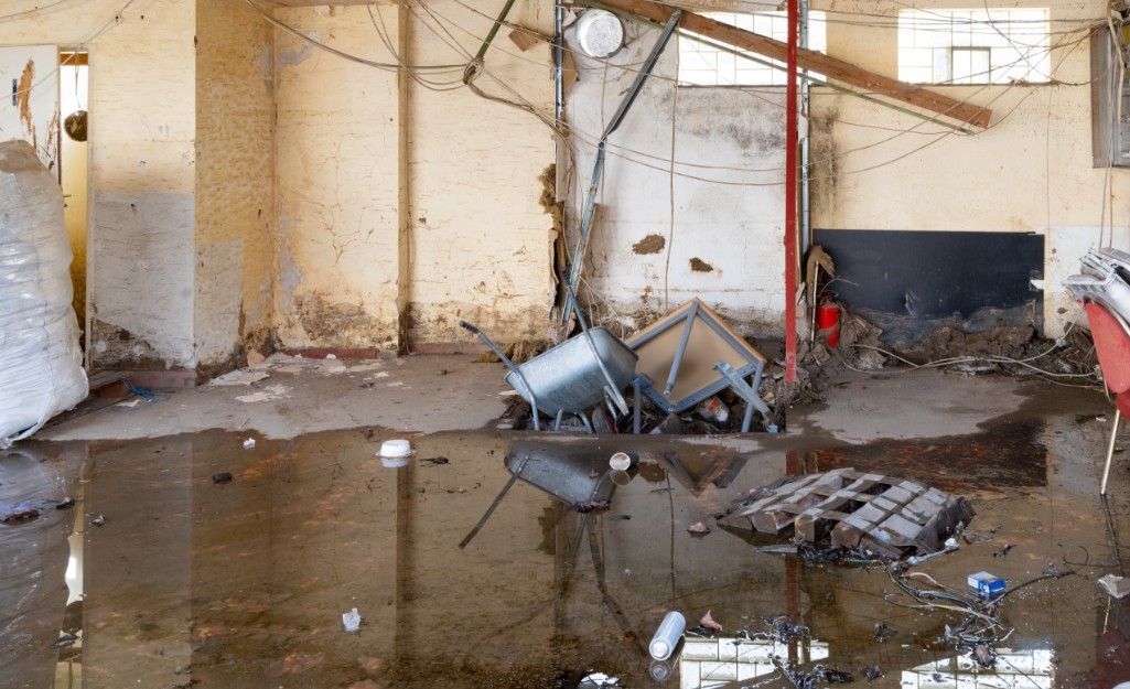 A flooded, dilapidated industrial interior with debris and a metal structure sitting in murky water.
