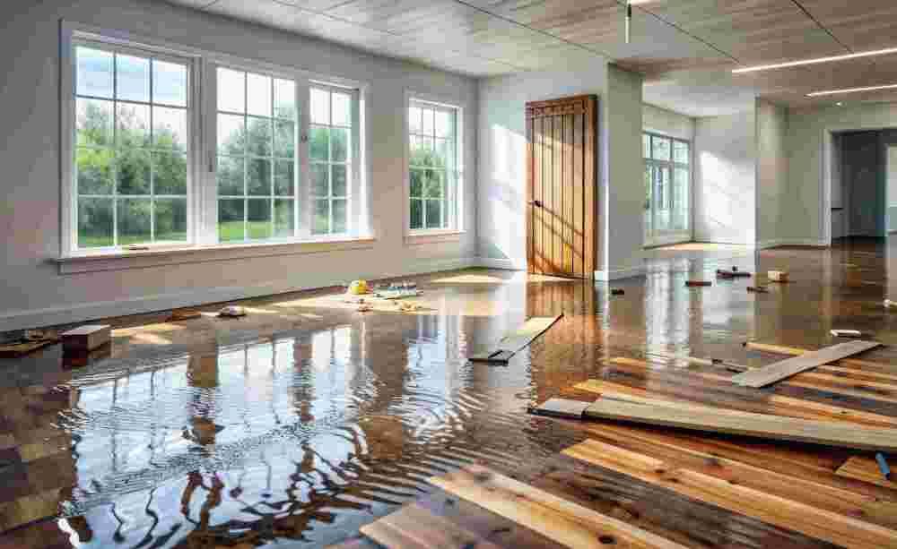 Interior view of a room with flooded wooden flooring, debris, and large windows with bright natural light.