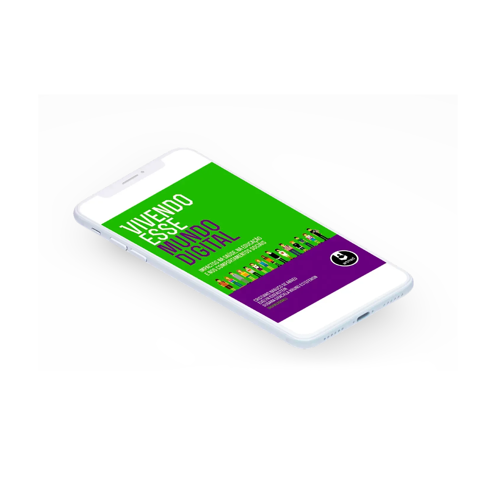Um celular verde e roxo com as palavras vivendo esse mundo digital nele.