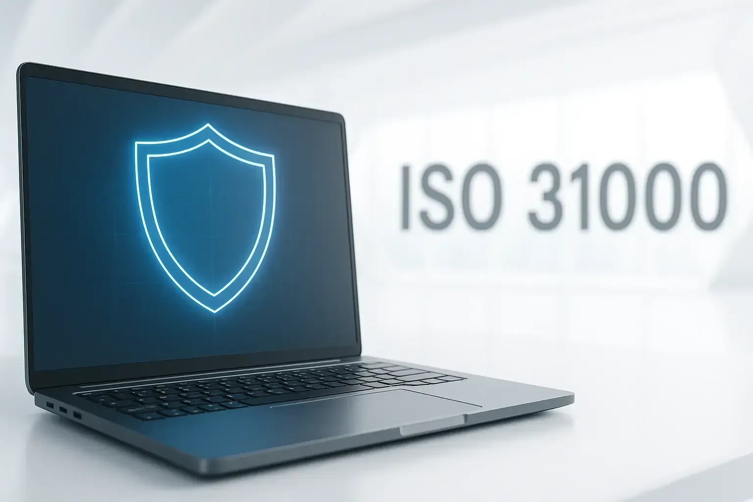 A laptop computer with a shield on the screen.