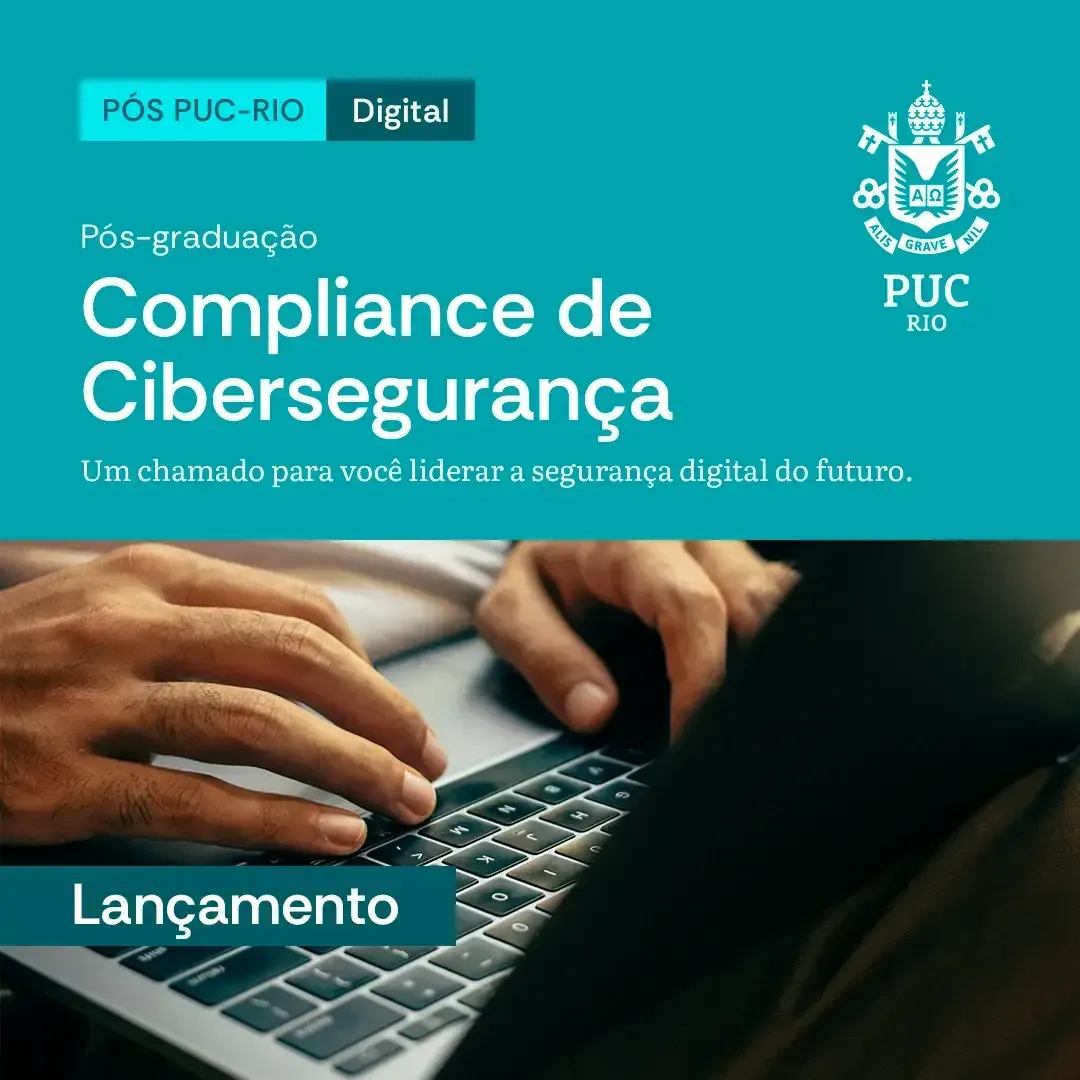 Mãos em um laptop e uma mensagem acima em azul escrito Compliance de Cibersegurança