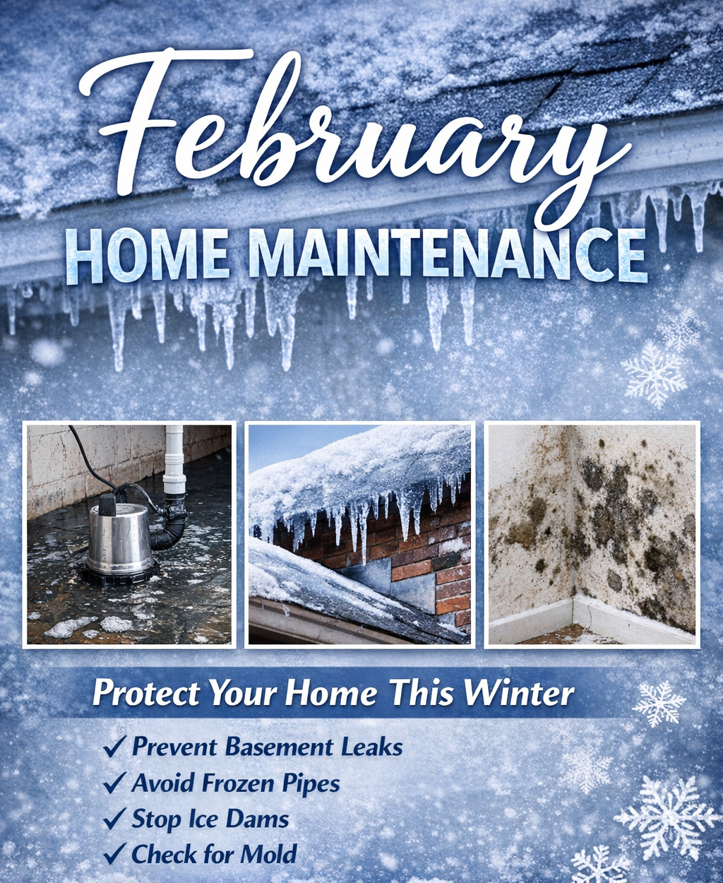 February home maintenance tips: prevent leaks, avoid frozen pipes, stop ice dams, and check for mold.
