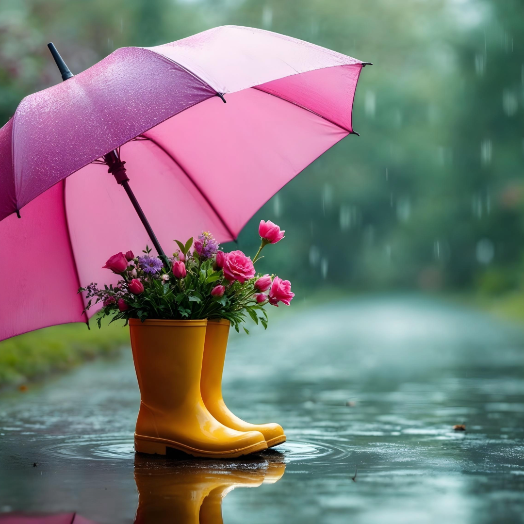 Yellow rain boots hold flowers under a pink umbrella in the rain.