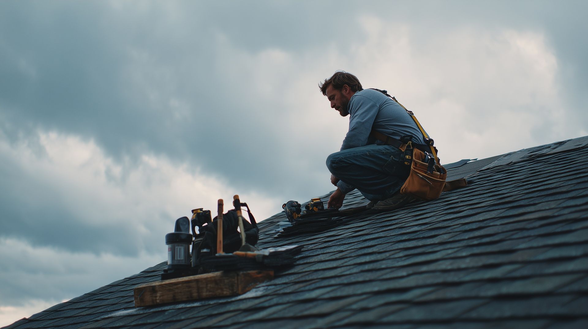 Roofing repair company technician fixing shingles on residential roof under cloudy sky.