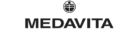 Logo di Medavita, un marchio di salute e bellezza, con un'icona di pianta stilizzata sopra il nome del marchio in grassetto.