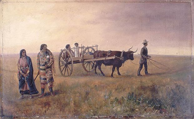 A painting of a red river cart and a family in the prairies