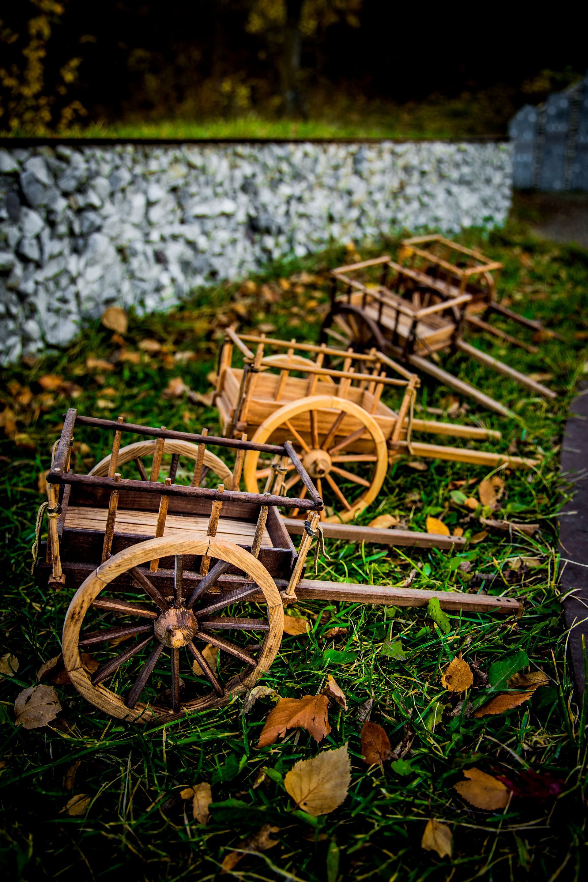 Red River Carts in assorted colours of wood. No two the same