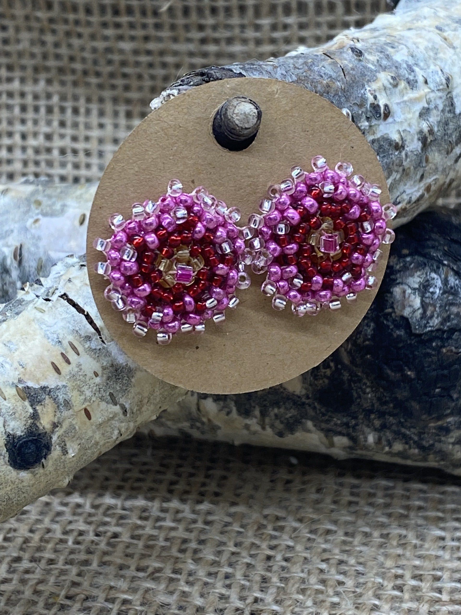 Pink Beaded Flower Stud Earrings
