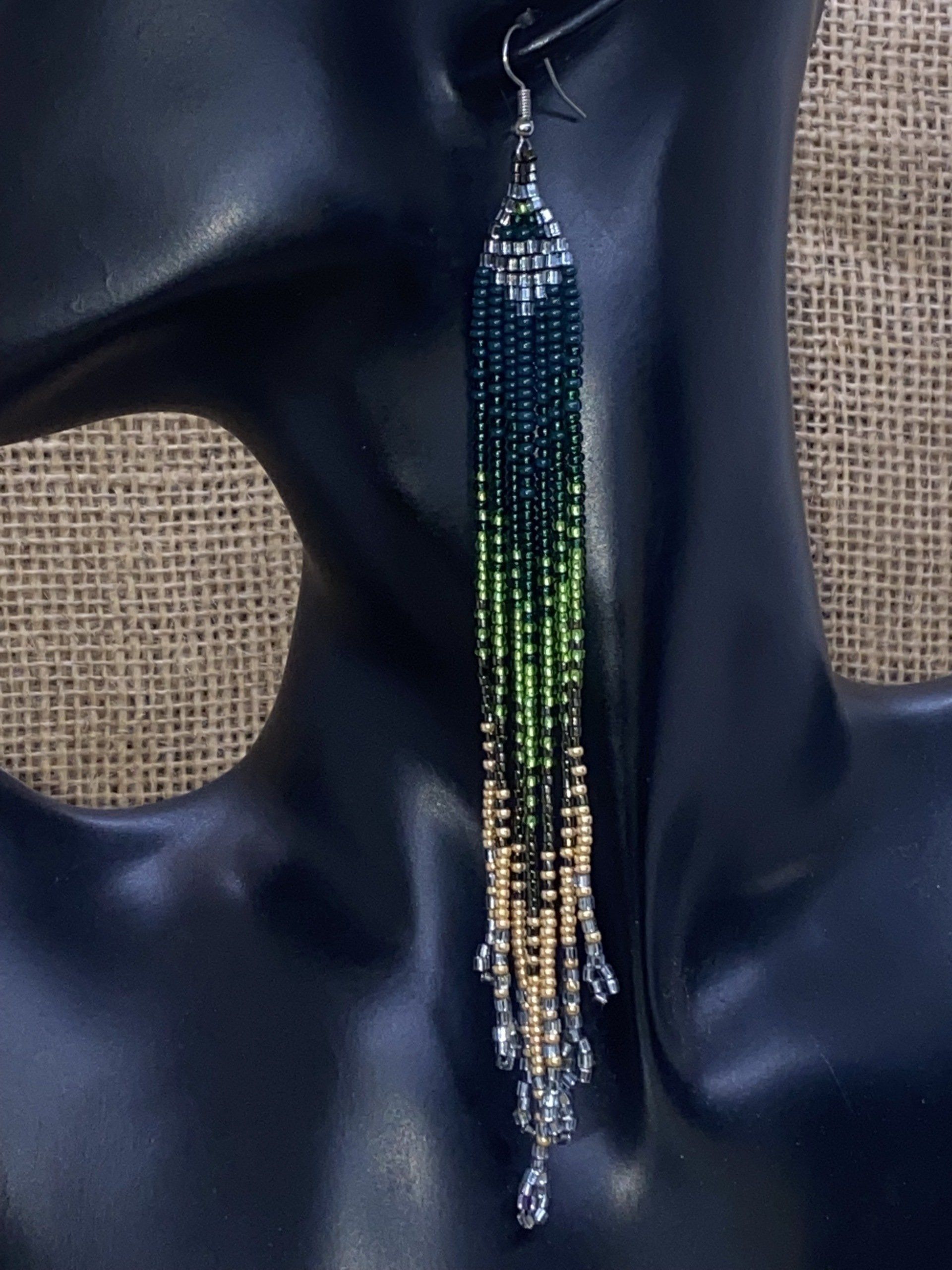 Green and gold ombre fringe earrings

