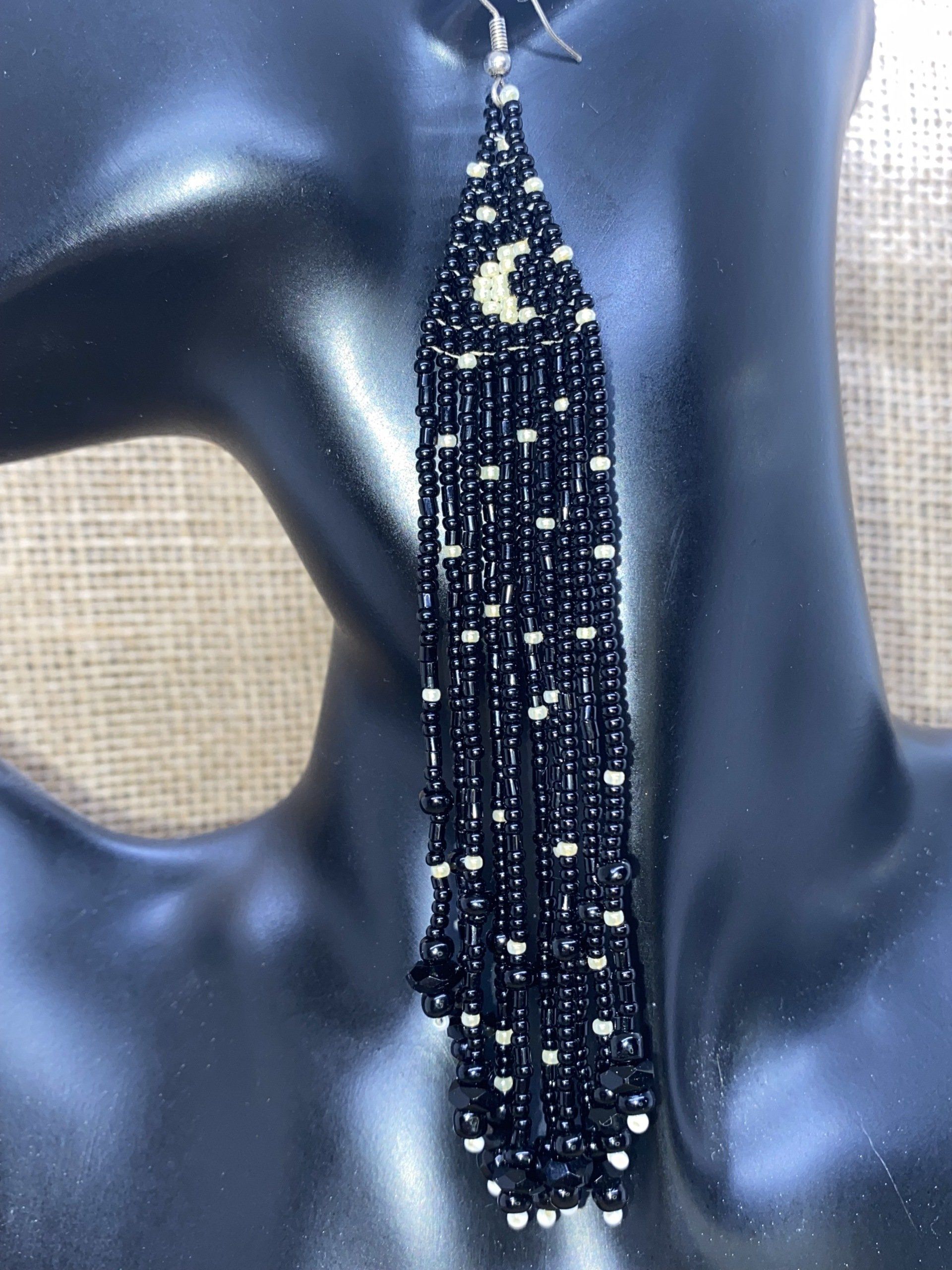 Custom Night sky black beaded fringe earrings with moon and stars