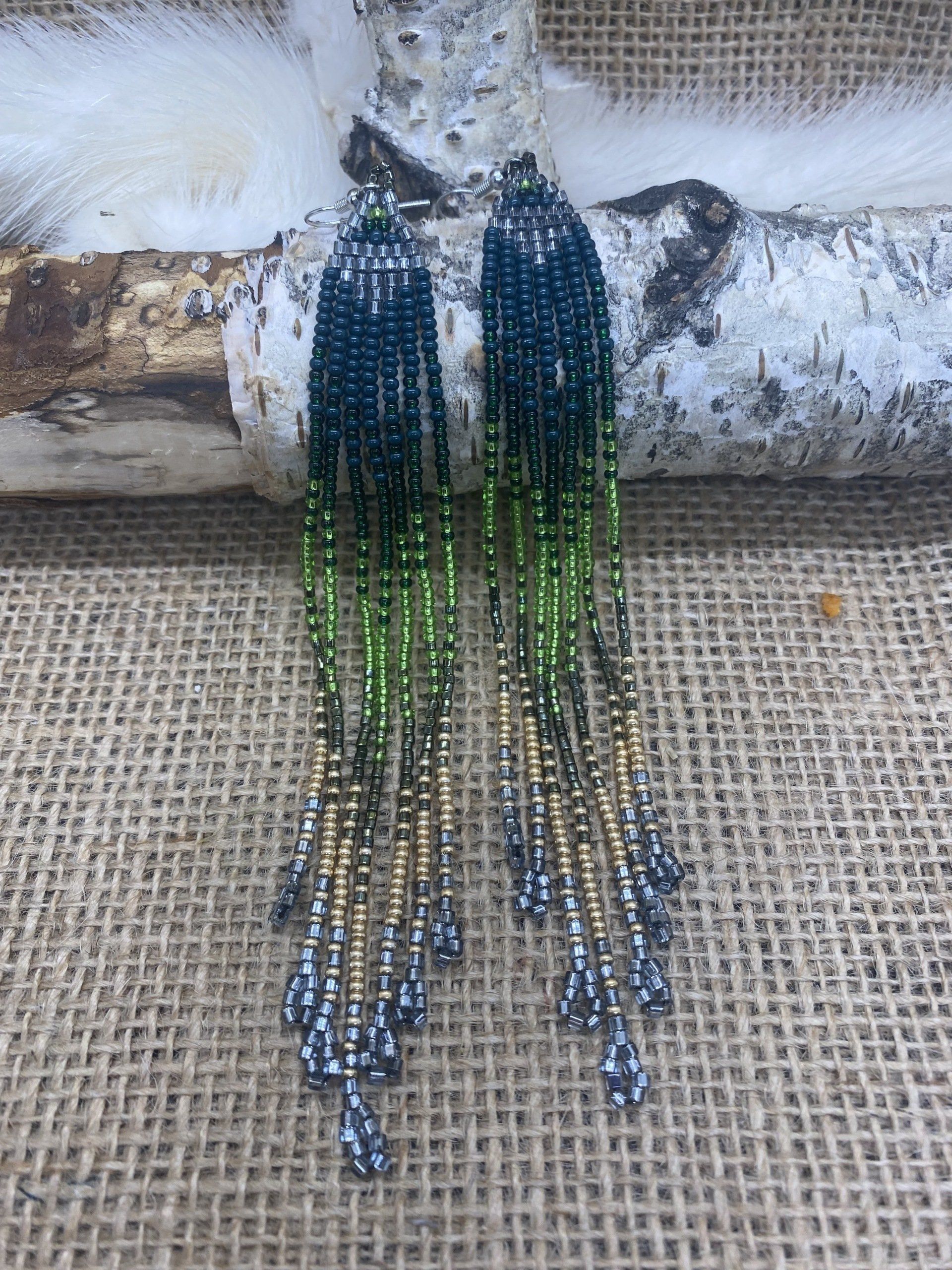 Green and gold fringe earrings
