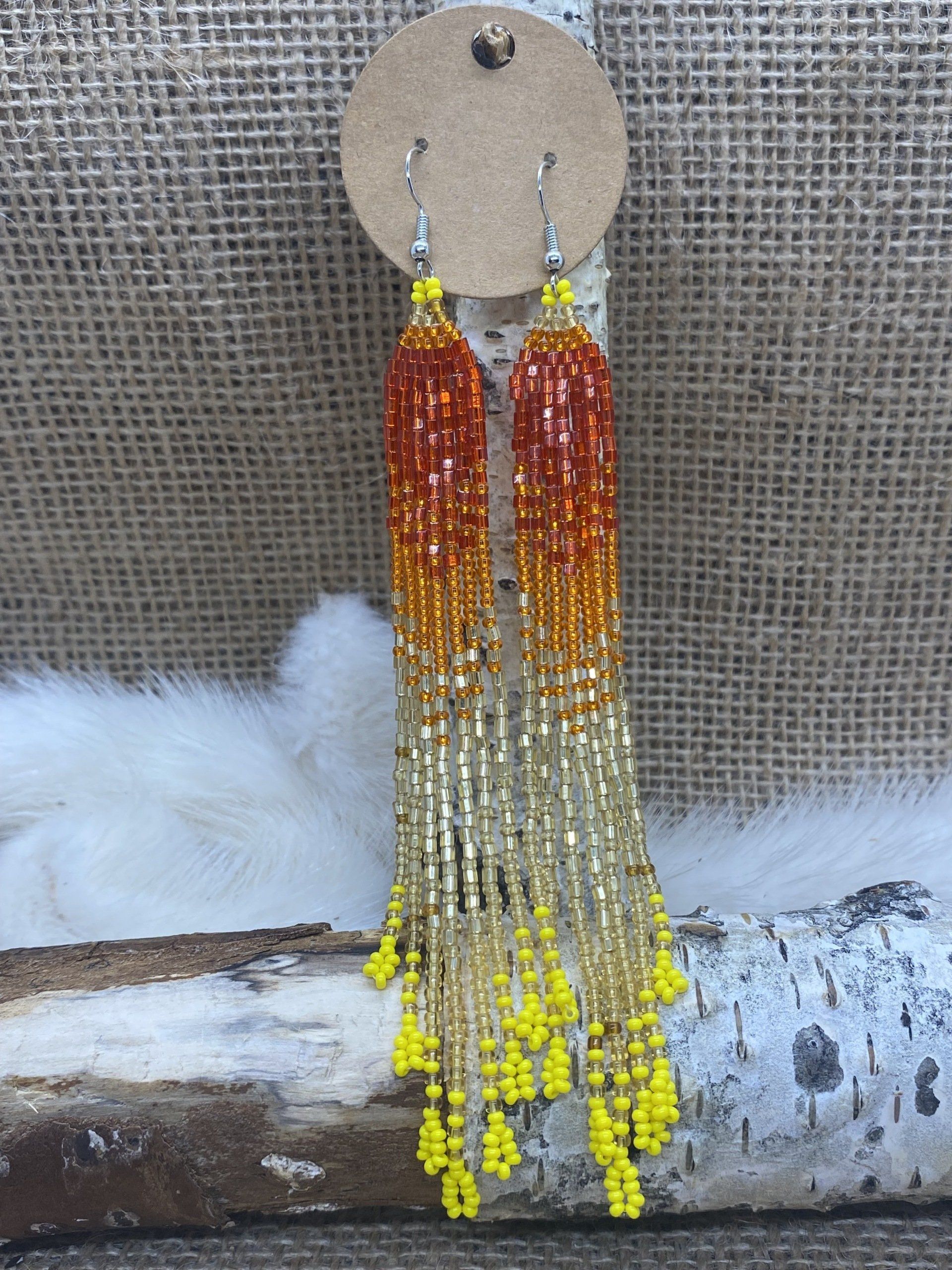 Red to Gold Ombre beaded fringe earrings