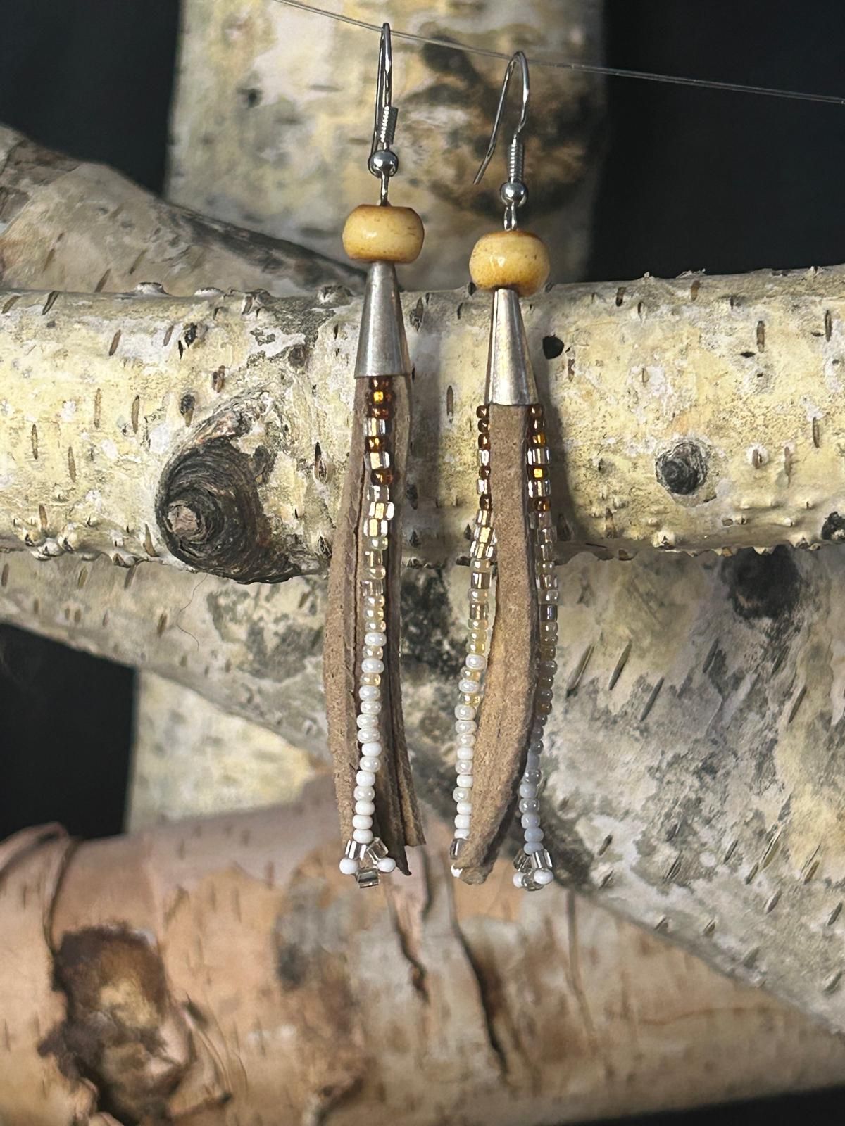 Natural toned leather and bead fringe earrings,