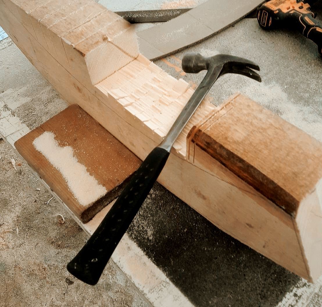 The beginning of what will become part of a dished wheel for a half size Red River Cart